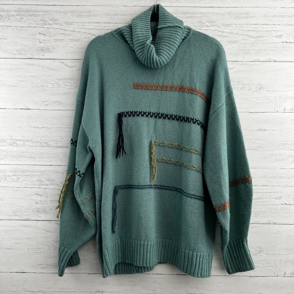 Easel Oversized Teal Fringe Boho‎ Turtleneck Sweater Size L